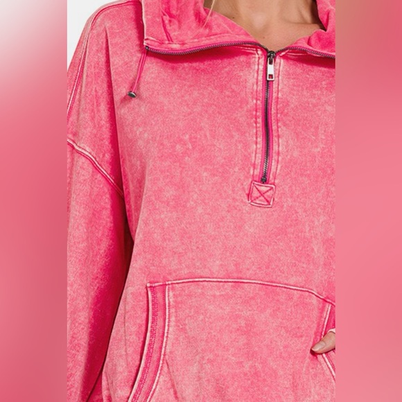 🔥SOLD OUT- Zenana Drawstring Half Zip Dropped Shoulder Hoodie - Picture 3 of 3